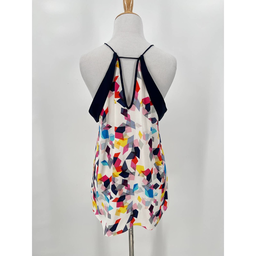 TRINA TURK Shirt Womens Small White Navy Silk Top Multicolored Geo Print Halter - Picture 2 of 9